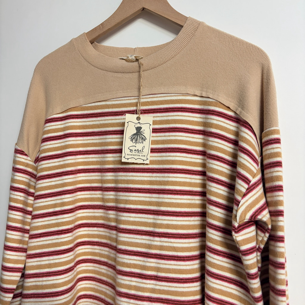 Women's Easel Long Sleeve Tee S Beige Red Striped Oversize Fit New With Tags - Picture 5 of 5